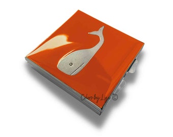 Whale Pill Box Inlaid in Hand Painted Orange Enamel Art Deco Nautical Style with Personalized and Color Option