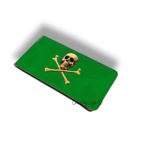 Skull & Crossbones Money Clip: Hand Painted Green Enamel, Personalized Option