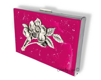 Art Nouveau Flowers Metal Wallet with Credit Card Organizer Hand Painted Fuchsia Enamel RFID Blocker Personalized and Color Options