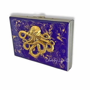 Antike Gold Octopus Brieftasche in der Hand bemalt Lila und Gold Swirl Emaille Kreditkartenveranstalter und Geldklammer Personalisieren und Farboptionen