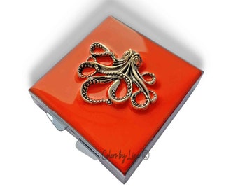 Octopus Pill Box Hand Painted Glossy Orange Opaque Enamel Nautical Design with Personalized and Color Options Available