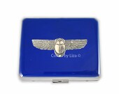 Art Deco Scarab Weekly Pill Box Hand Painted Cobalt Blue Opaque Enamel with Personalized and Color Options Available