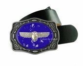 Scarab Belt Buckle Inlaid in Hand Painted Cobalt Blue with Silver Splash Enamel Nautical Inspired Belt Buckle with Custom Colors Available