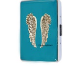 Silver WIngs Metal Cigarette Case Inlaid in Hand Painted Enamel Turquoise Opaque Metal Wallet with Color and Personalized Options