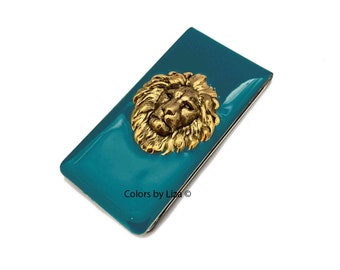 Prowling Lion Money Clip Inlaid in Hand Painted Gold Swirl Enamel Neoclassic Design Money Holder Custom Colors and Personalized Options