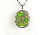 Pill Box Necklace Hand Painted Enamel Chartreuse Quartz Inspired Antique Silver Oval Locket Necklace with Color and Personalized Options