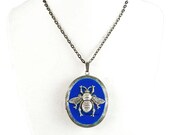 Bee Pill Box Necklace Inlaid in Hand Painted Cobalt Blue Enamel Antique Silver Oval Locket Necklace with Color and Personalized Options