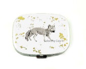 Silver Fox Metal Pill Box Inlaid in White Opaque Enamel with Gold Splash Woodland Design Personalized and Color Option