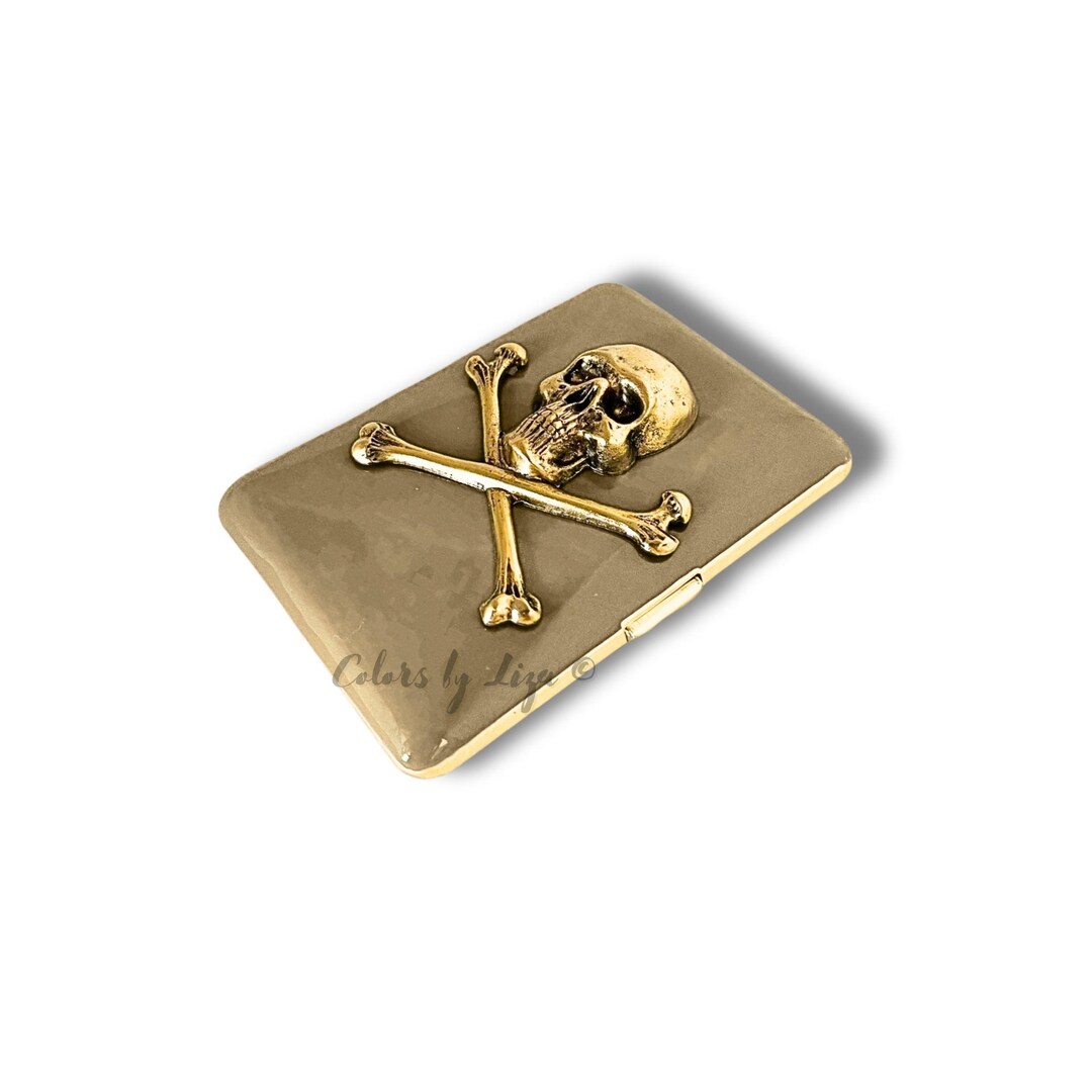 Gold Skull and Crossbones Cigarette Case: Taupe Beige Enamel, Gothic ...