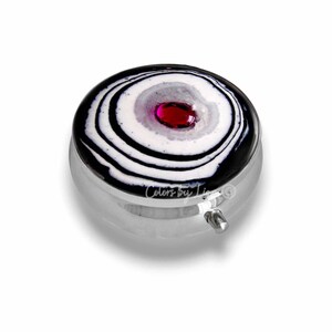 Round Pill Box Hand Painted Enamel Black and White with Fuchsia Jewel MOD Inspired Custom Colors and Personalized Options