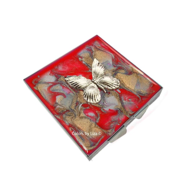 Butterfly Pill Box in Hand Painted Red and Gold Enamel Quartz Inspired Art Nouveau Style Personalized and Color Options