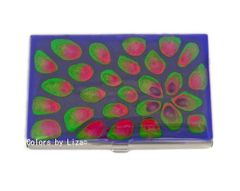 Peacock Business Card Case in Hand Painted Enamel Purple with Fuchsia Blossom Inspired Metal Wallet with Personalized and Color Options