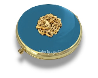 Art Nouveau Nymph Compact Mirror inlaid in Hand Painted Turquoise Enamel Vintage Style with Personalized and Color Options