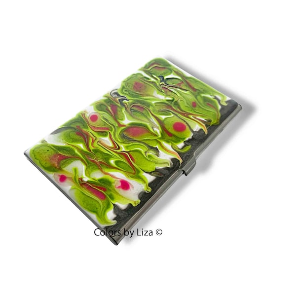 Hand Painted Business Card Case in Fuchsia Lime Green and Gray Enamel Abstract Design Personalized and Custom Color Options Available