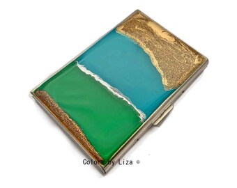 Credit Card Wallet in Hand Painted Glossy Enamel Abstract Design in Turquoise and Green Combination with Color and Personalized Options