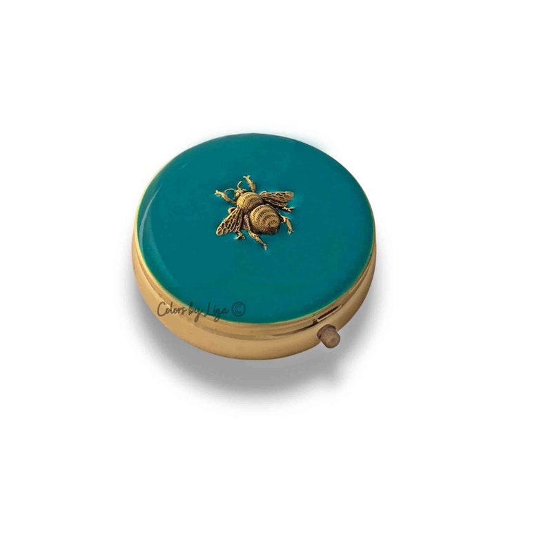 Antique Gold Bee Pill Box Inlaid in Hand Painted White Enamel Vintage Style Inspired with Personalize and Color Options Available image 6