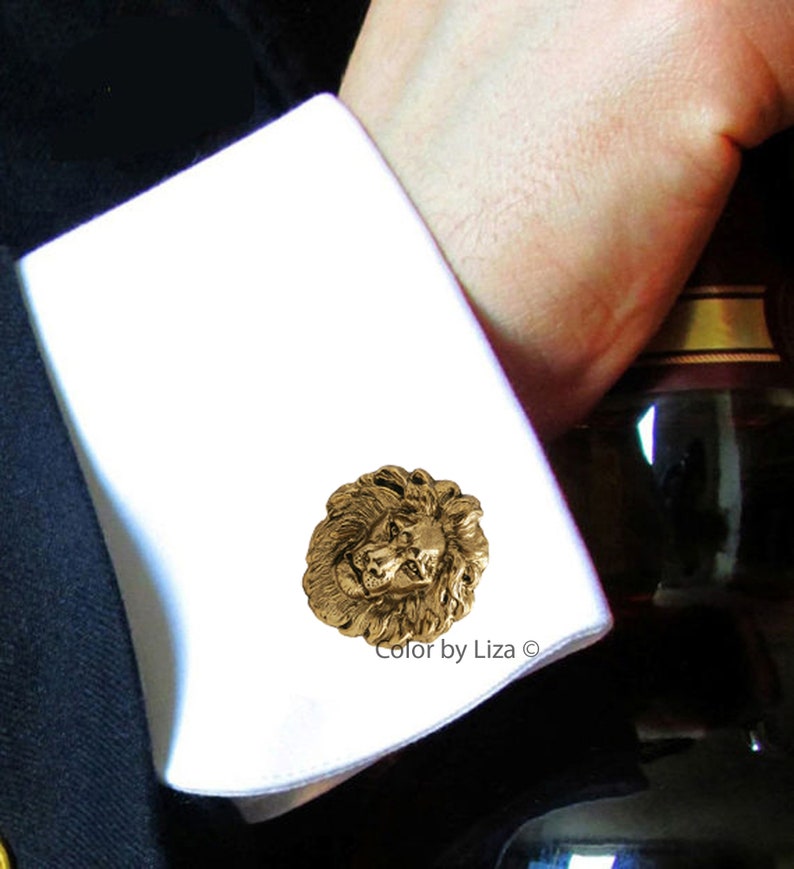 Antique Gold Lion Head Cufflinks Art Deco Leo Design with Tie Clip and Tie Pin Set Options image 2