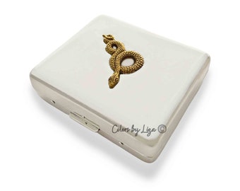 Antique Gold Serpent Pill Case: Hand Painted Enamel, Personalized Option