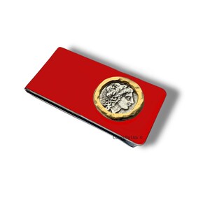 Coin Money Clip Pintado a mano esmalte rojo brillante estilo neoclásico griego antiguo con opciones personalizadas y de color