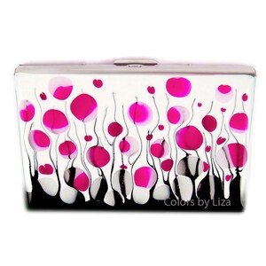 Organizador de tarjetas de billetera pintado a mano en esmalte fucsia, negro y blanco inspirado en flores con opciones de color y personalización