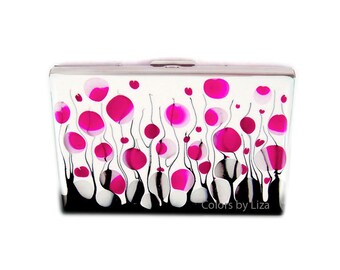 Hand Painted Wallet Card Organizer in Fuchsia Black and White Enamel Blossom Inspired  with Personalized and Color Options