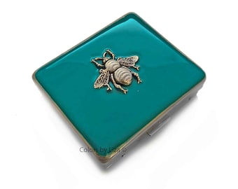 Queen Bee Large 7 day Pill Box Inlaid in Hand Painted Teal Opaque Enamel Art Nouveau Inspired Personalized and Custom Color Options