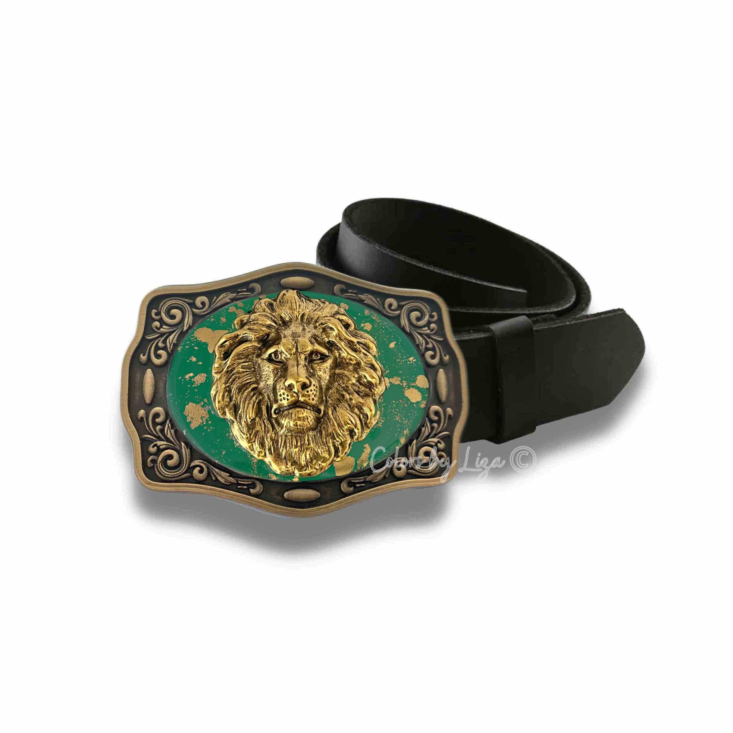 Hand Painted Lion Belt Buckle: Antique Gold Finish, Custom 