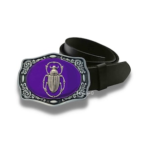 Scarab Belt Buckle Inlaid in Hand Painted Purple Opaque Enamel Art Deco Egyptian Beetle Design with Assorted Colors Available