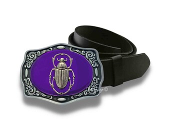 Scarab Belt Buckle Inlaid in Hand Painted Purple Opaque Enamel Art Deco Egyptian Beetle Design with Assorted Colors Available