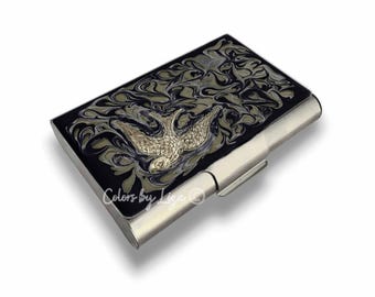 Zilveren hoesje voor visitekaartjes: handgeschilderde geëmailleerde metalen portemonnee