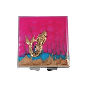 Mermaid Square Pill Box with 4 Compartments Inlaid in Hand Painted Enamel Fuchsia and Peacock Blue with Personalized and Color Options