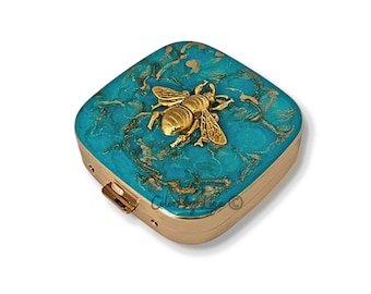 Antique Gold Bee Pill Box Hand Painted Turquoise Quartz Inspired Enamel Vintage Style Insect with Personalized and Color Options Available