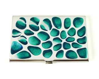 Business Card Case in Hand Painted Enamel Teal and White Blossom Inspired Metal Wallet Custom Colors and Personalized Options