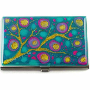 Visitenkartenetui in handbemalter Emaille Fuchsia Türkis und Goldblüte inspirierte Metallbrieftasche Personalisierte und benutzerdefinierte Farboptionen