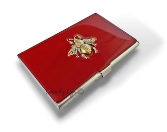 Hand Painted Bee Business Card Case: Antique Gold Inlay, Personalized