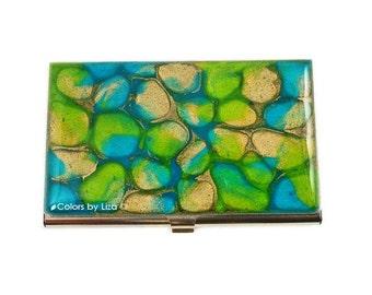 Business Card Case Hand Painted Enamel Turquoise and Gold Peacock Inspired Metal Wallet Custom Colors and Personalized Options