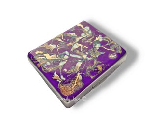 Hand Painted Pill Box with Daily Compartments Purple and Gold Enamel Orchid Quartz Inspired Design Personalize and Color Options