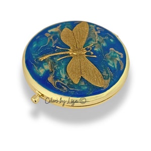 Dragonfly Compact Mirror: Hand Painted Cobalt Gold Enamel, Personalized