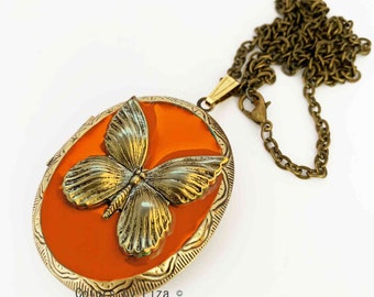 Butterfly Locket Painted in Glossy Orange Opaque Art Nouveau Necklace with Personalized and Color Options Available