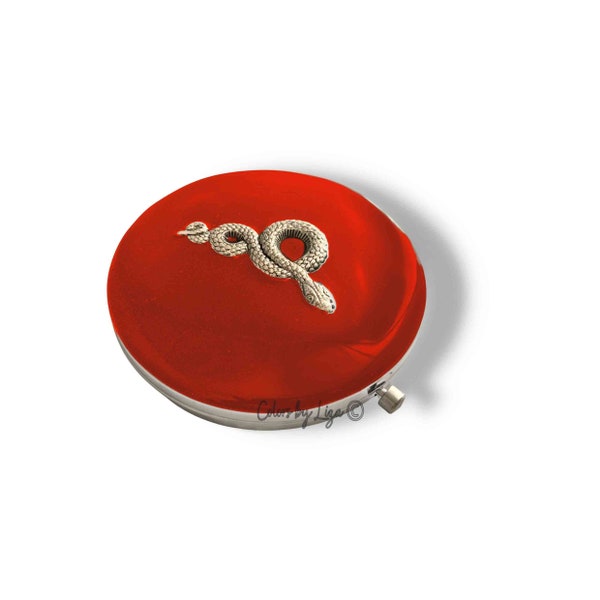 Miroir compact antique Silver Serpent incrusté en émail rouge brillant Art Déco Design émail peint à la main avec des options personnalisées et de couleur