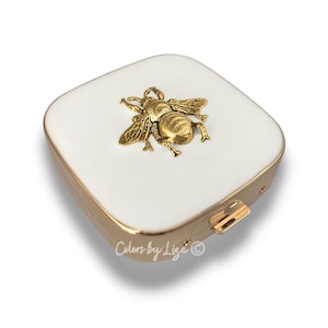 Antique Gold Bee Pill Box Hand Painted White Enamel Vintage Style Art Deco Insect with Personalized and Color Options Available