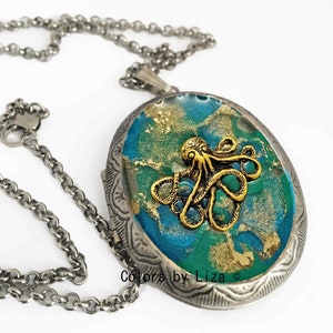 Octopus Locket Necklace: Teal Enamel Pill Box, Personalized Options