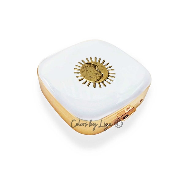 Celestial Pill Box Inlaid in White Opaque Enamel Art Nouveau Moon and Starburst with Personalize and Color Option