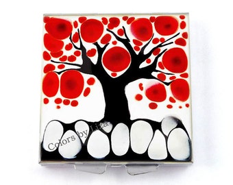 Tree of Life Pill Box with 4 Compartments Hand Painted Enamel with Personalized and olor Options