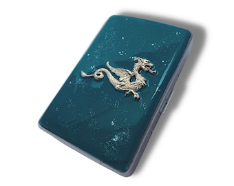 Dragon Cigarette Case Inlaid in Hand Painted Teal with Silver Splash Enamel Metal Wallet Medieval Design with Personalized and Color Options