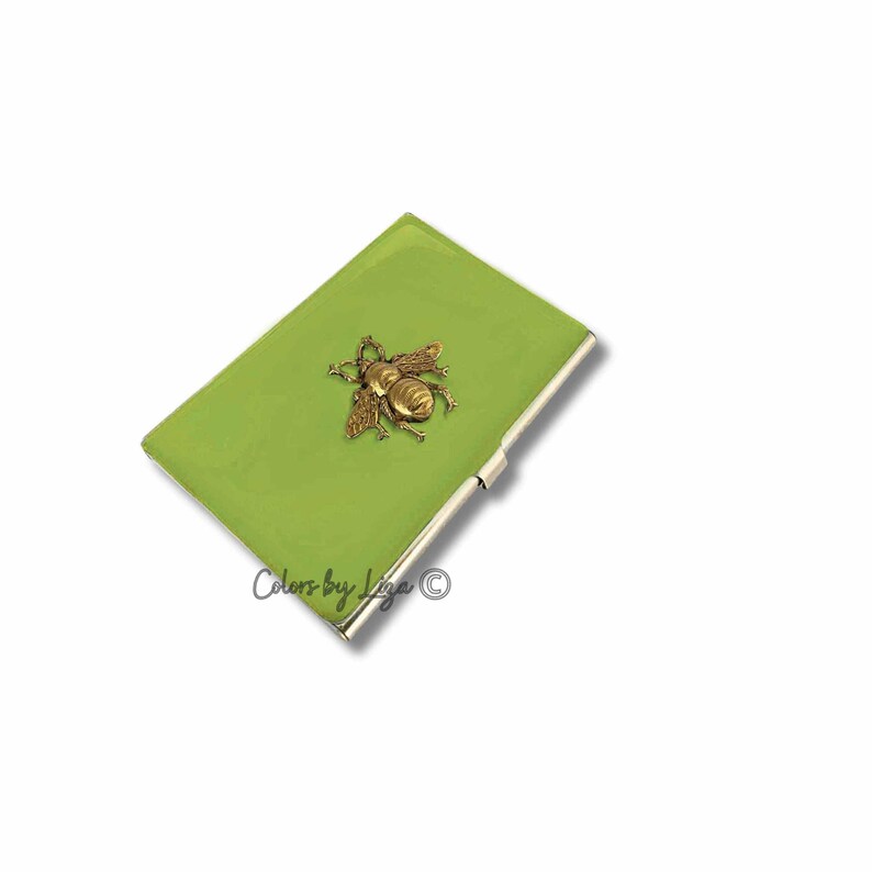 Estuche para tarjetas de visita con diseño de abeja pintado a mano: incrustaciones de oro antiguo, personalizado imagen 9