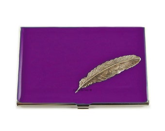 Ravens Feather Inlaid in Hand Painted Enamel Purple Orchid Opaque Glossy Finish Metal Wallet Personalized and Custom Color Options