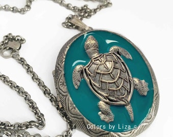 Sea Turtle Pill Box Necklace Hand Painted Enamel Teal Oval Locket Necklace Nautical Inspired with Color and Personalized Options