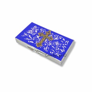 Cross 7 Day Pill Case, Medieval Crucifix Design, Personalized Gift, Color Options, in Hand Painted Cobalt Blue Swirl Enamel
