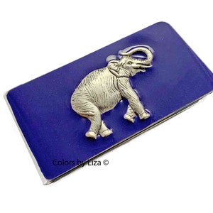 Antique Silver Elephant Money Clip: Hand Painted Cobalt Enamel